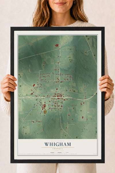 Whigham, Georgia map print, 18" x 24" W/ Black Ayous Wood Frame mockup