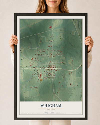 Whigham, Georgia map print, 24" x 36" W/ Black Ayous Wood Frame mockup