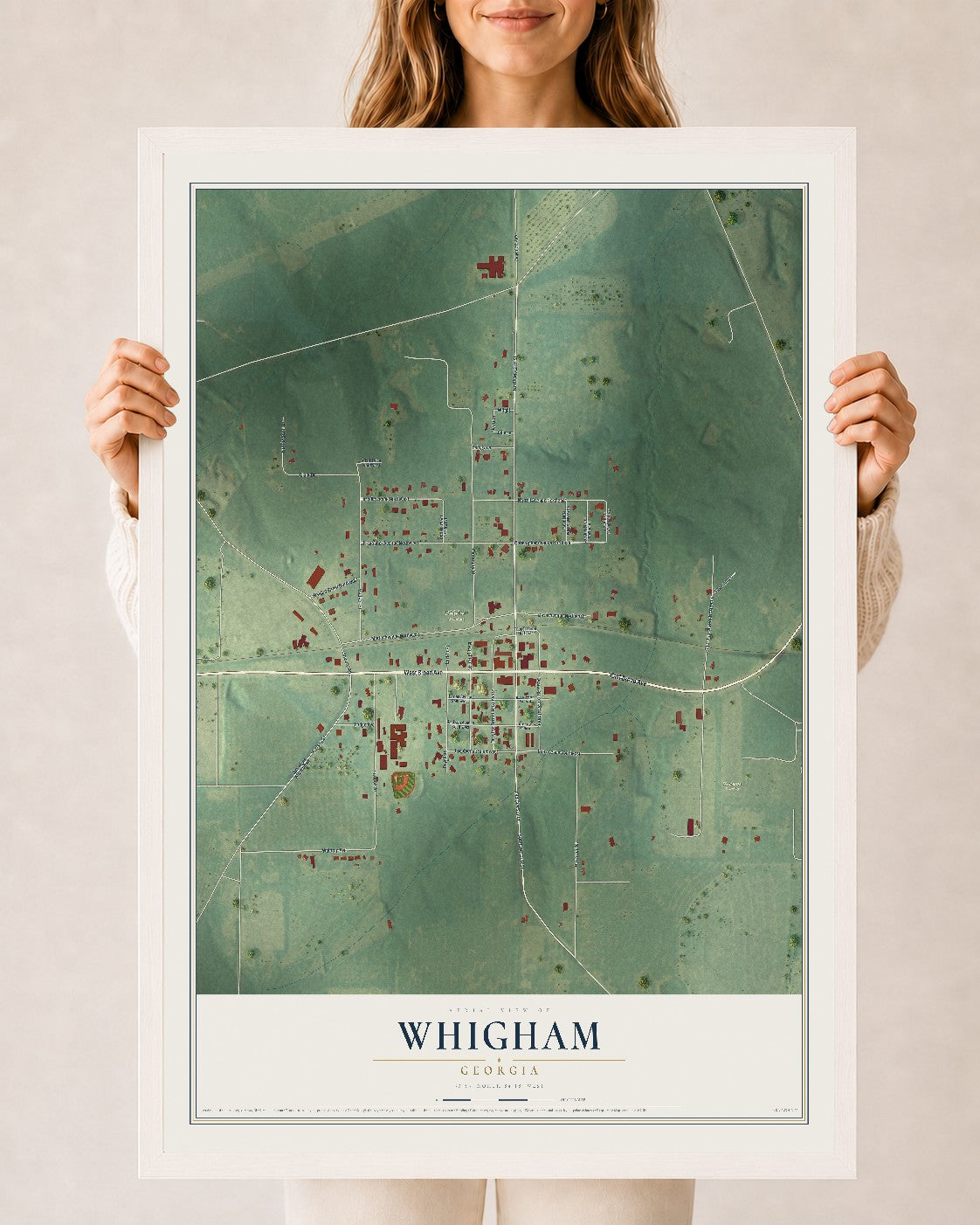 Whigham, Georgia map print, 24" x 36" W/ White Ayous Wood Frame mockup
