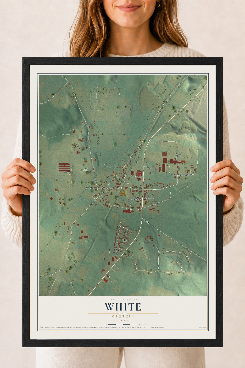 White, Georgia map print, 18" x 24" W/ Black Ayous Wood Frame mockup