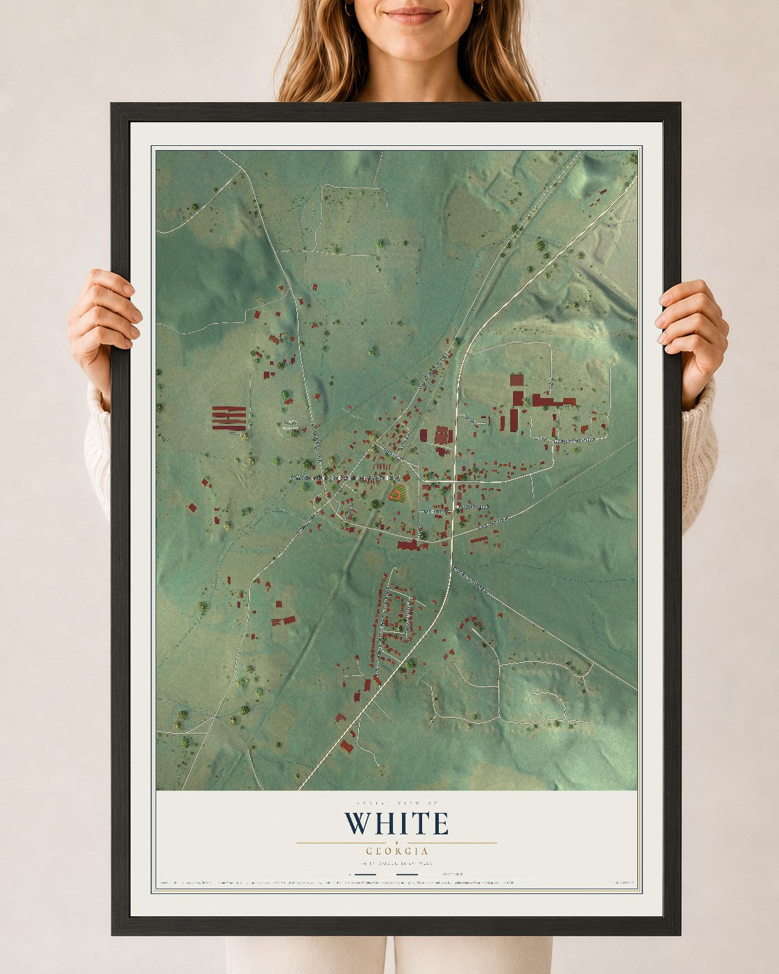 White, Georgia map print, 24" x 36" W/ Black Ayous Wood Frame mockup
