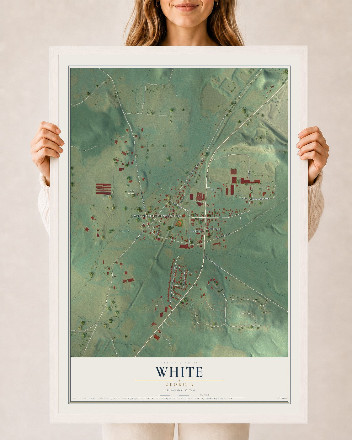 White, Georgia map print, 24" x 36" W/ White Ayous Wood Frame mockup