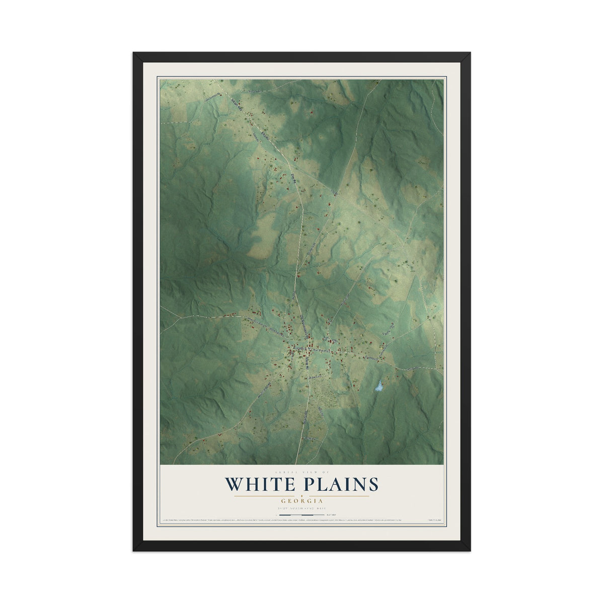 White Plains, Georgia map print, 12" x 18" W/ Black Ayous Wood Frame mockup