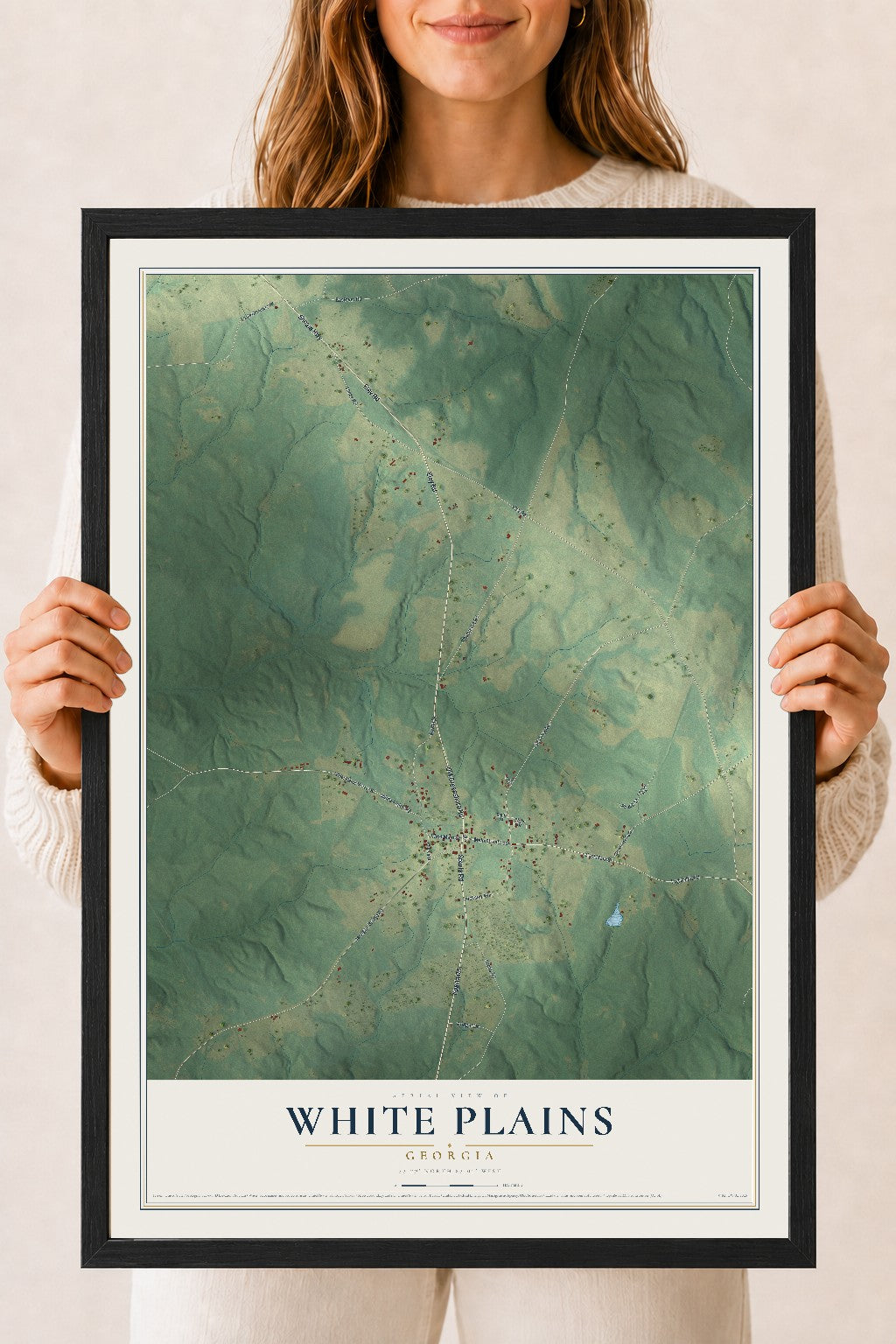 White Plains, Georgia map print, 18" x 24" W/ Black Ayous Wood Frame mockup