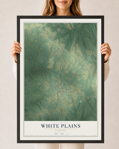 White Plains, Georgia map print, 24" x 36" W/ Black Ayous Wood Frame mockup