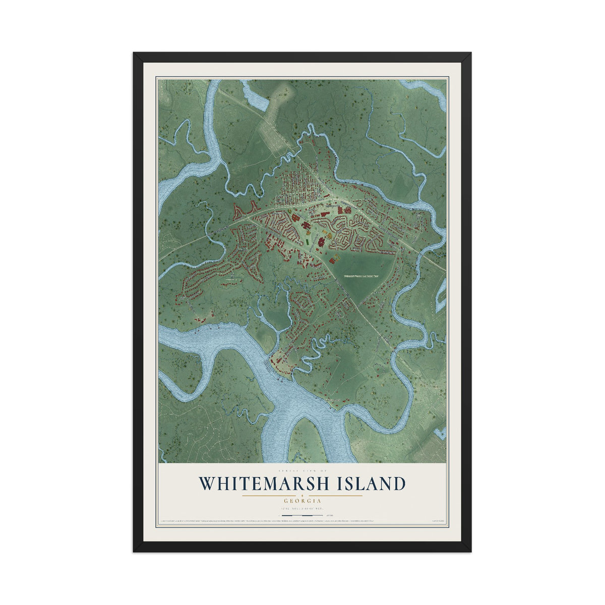 Whitemarsh Island, Georgia map print, 12" x 18" W/ Black Ayous Wood Frame mockup