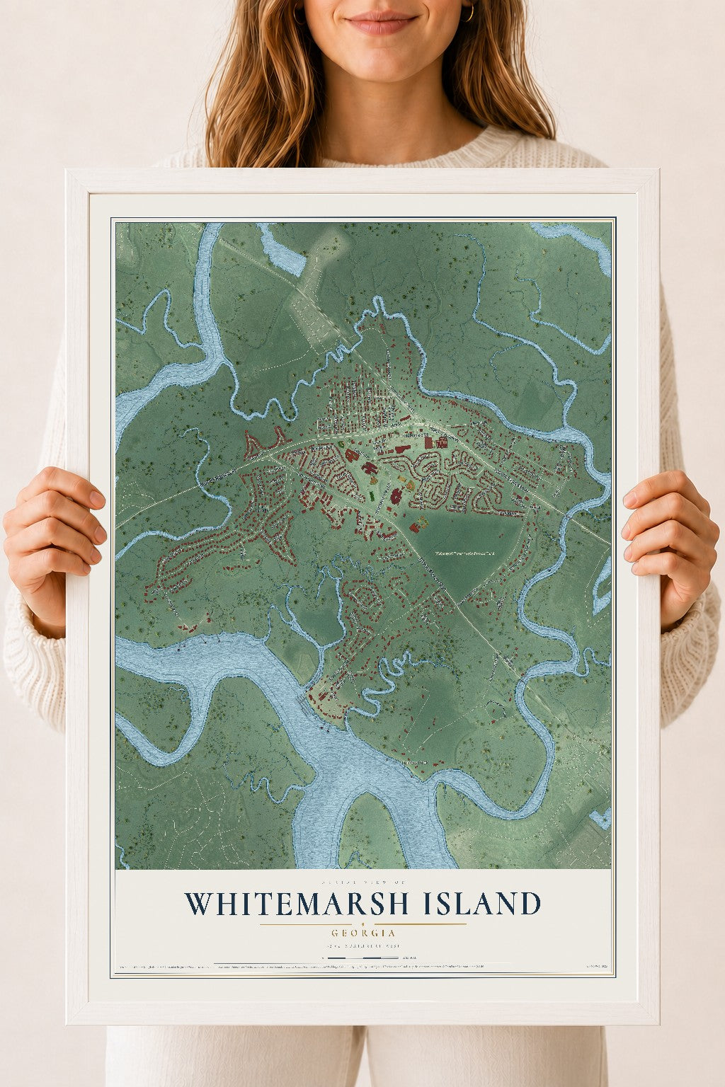 Whitemarsh Island, Georgia map print, 18" x 24" W/ White Ayous Wood Frame mockup