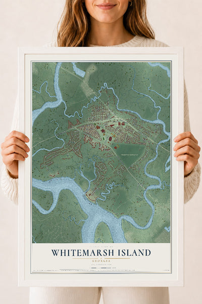 Whitemarsh Island, Georgia map print, 18" x 24" W/ White Ayous Wood Frame mockup