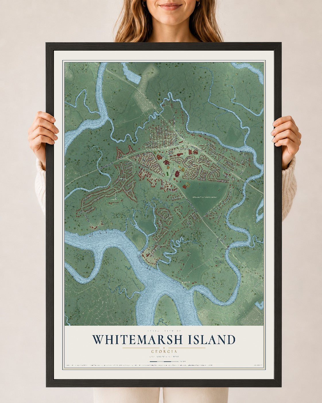 Whitemarsh Island, Georgia map print, 24" x 36" W/ Black Ayous Wood Frame mockup