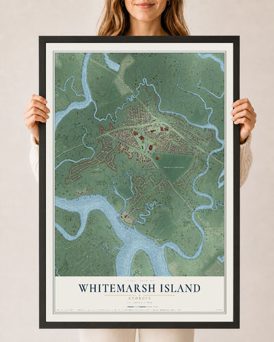 Whitemarsh Island, Georgia map print, 24" x 36" W/ Black Ayous Wood Frame mockup