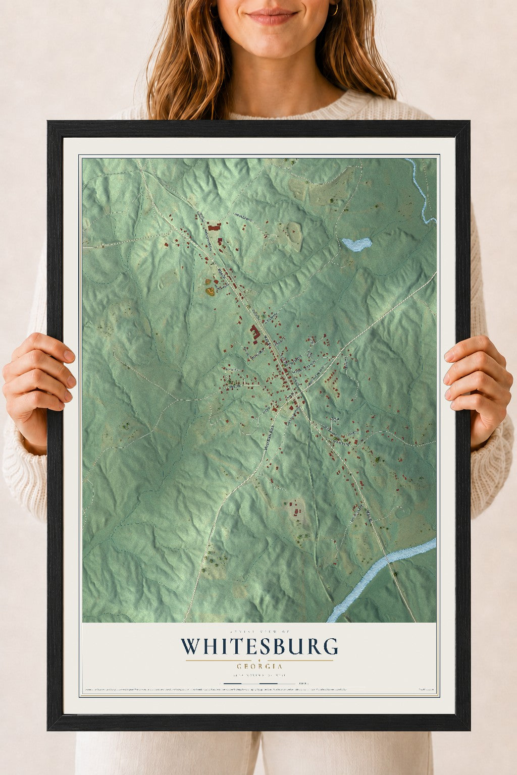 Whitesburg, Georgia map print, 18" x 24" W/ Black Ayous Wood Frame mockup