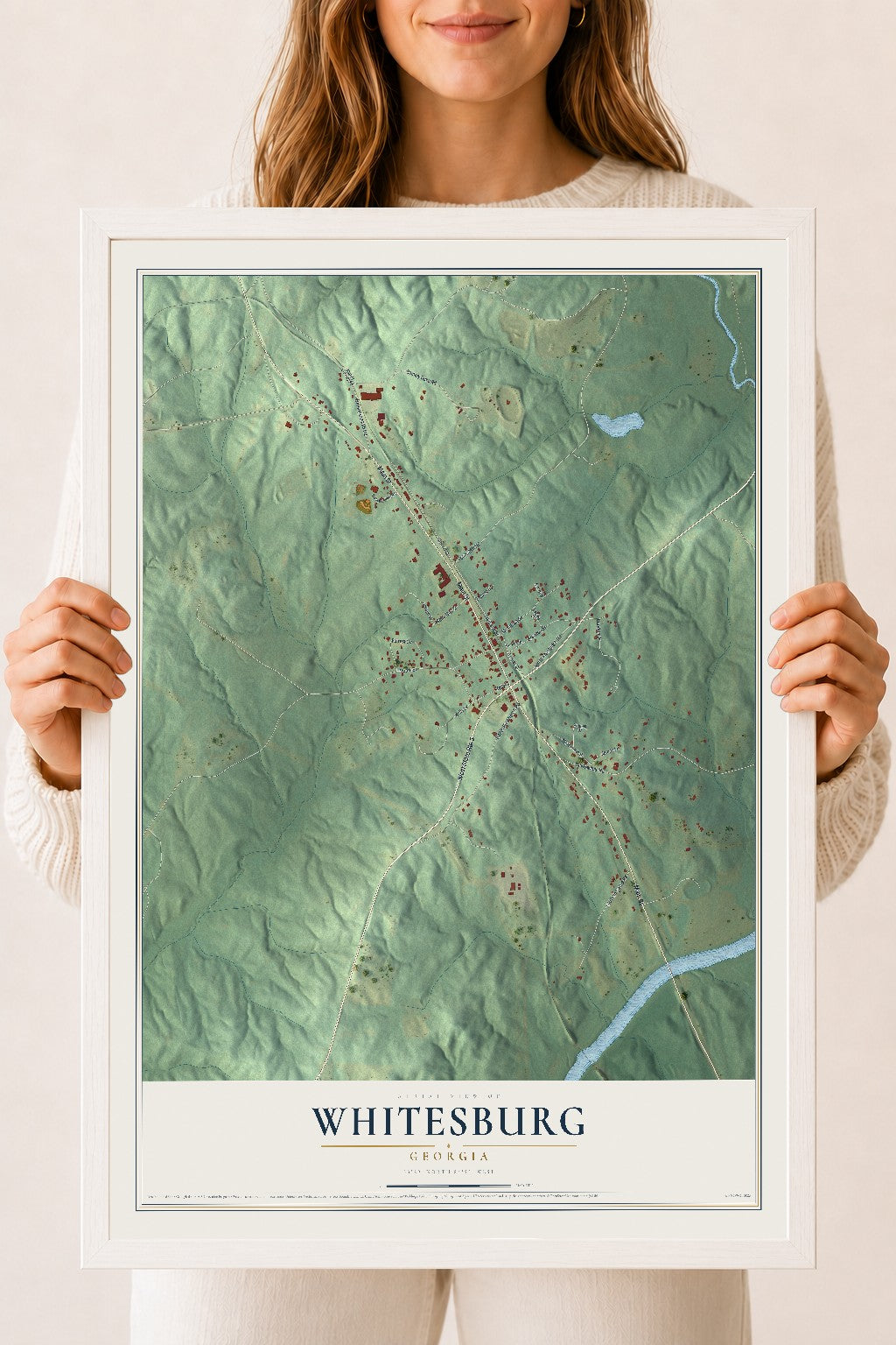 Whitesburg, Georgia map print, 18" x 24" W/ White Ayous Wood Frame mockup