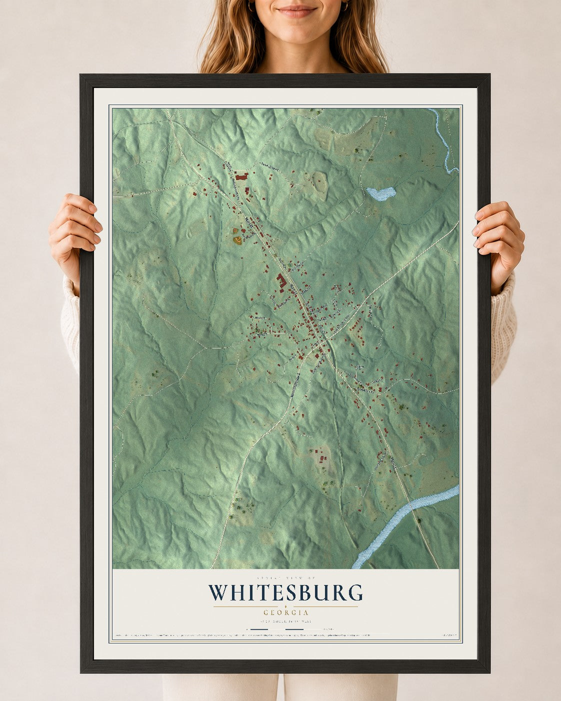 Whitesburg, Georgia map print, 24" x 36" W/ Black Ayous Wood Frame mockup