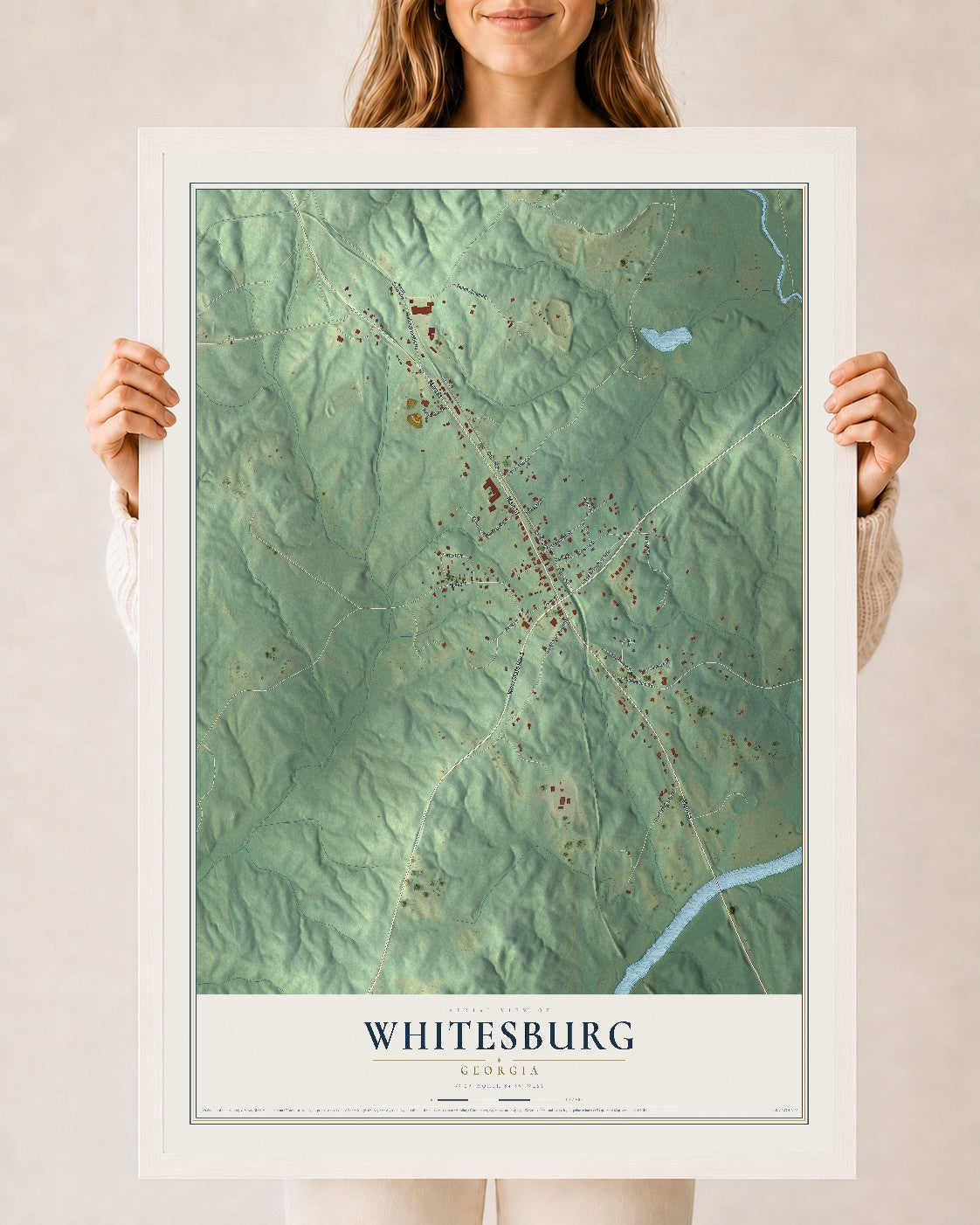 Whitesburg, Georgia map print, 24" x 36" W/ White Ayous Wood Frame mockup