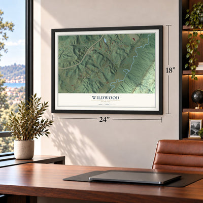 Wildwood, Georgia map, 18 x 24 inch print in a black frame in a home office