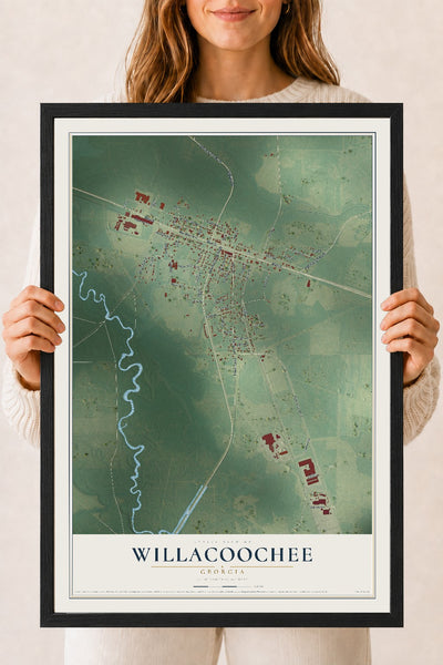 Willacoochee, Georgia map print, 18" x 24" W/ Black Ayous Wood Frame mockup