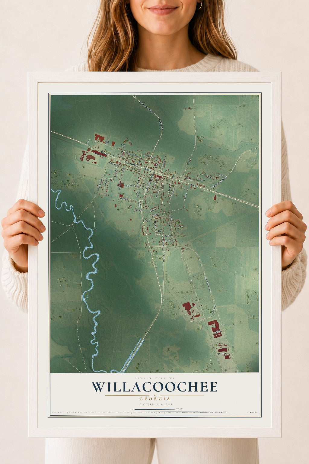 Willacoochee, Georgia map print, 18" x 24" W/ White Ayous Wood Frame mockup