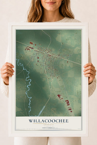 Willacoochee, Georgia map print, 18" x 24" W/ White Ayous Wood Frame mockup