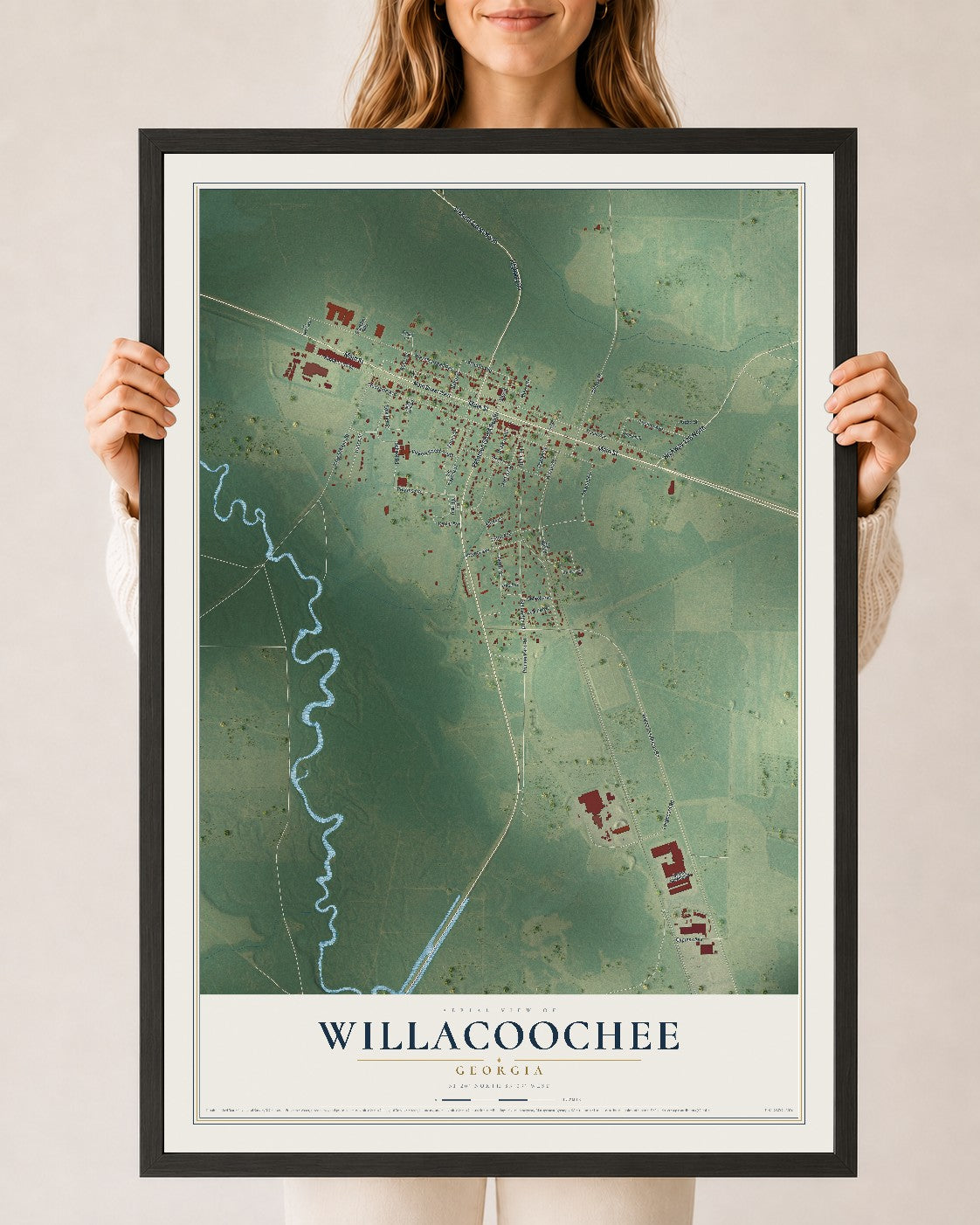 Willacoochee, Georgia map print, 24" x 36" W/ Black Ayous Wood Frame mockup