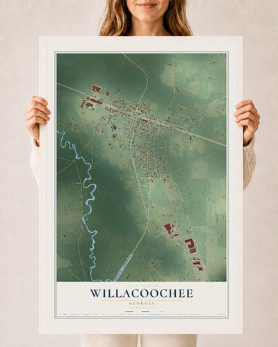 Willacoochee, Georgia map print, 24" x 36" W/ White Ayous Wood Frame mockup