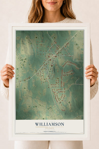 Williamson, Georgia map print, 18" x 24" W/ White Ayous Wood Frame mockup