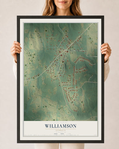 Williamson, Georgia map print, 24" x 36" W/ Black Ayous Wood Frame mockup