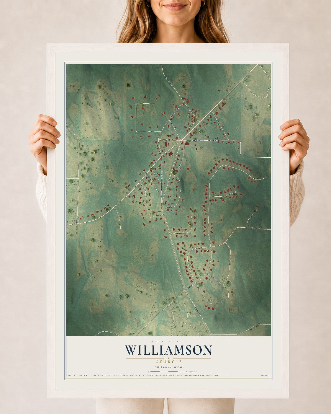 Williamson, Georgia map print, 24" x 36" W/ White Ayous Wood Frame mockup