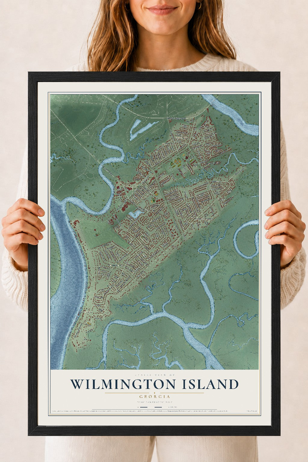 Wilmington Island, Georgia map print, 18" x 24" W/ Black Ayous Wood Frame mockup