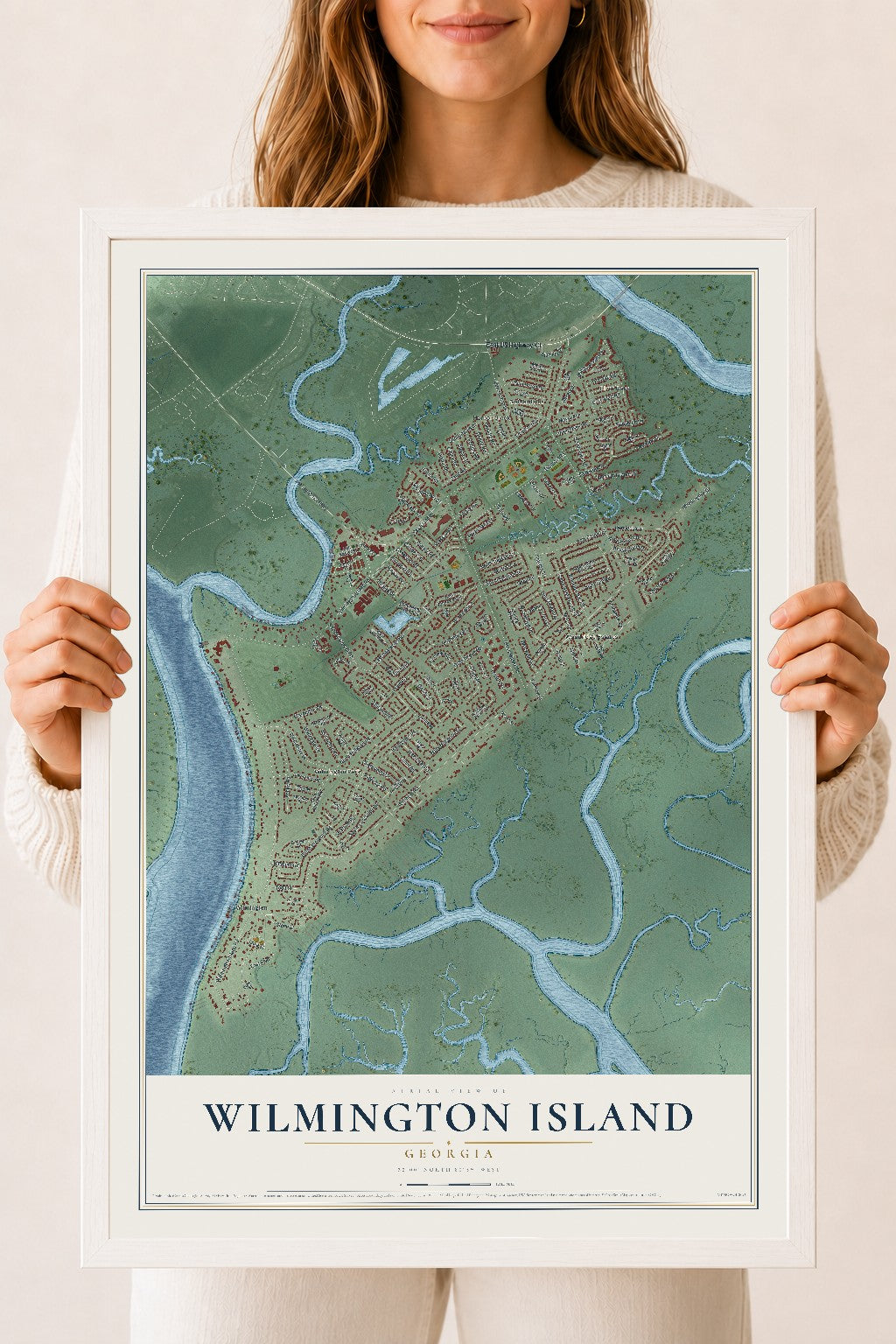 Wilmington Island, Georgia map print, 18" x 24" W/ White Ayous Wood Frame mockup
