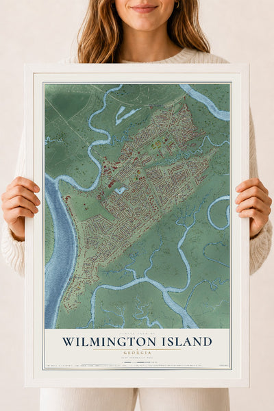 Wilmington Island, Georgia map print, 18" x 24" W/ White Ayous Wood Frame mockup