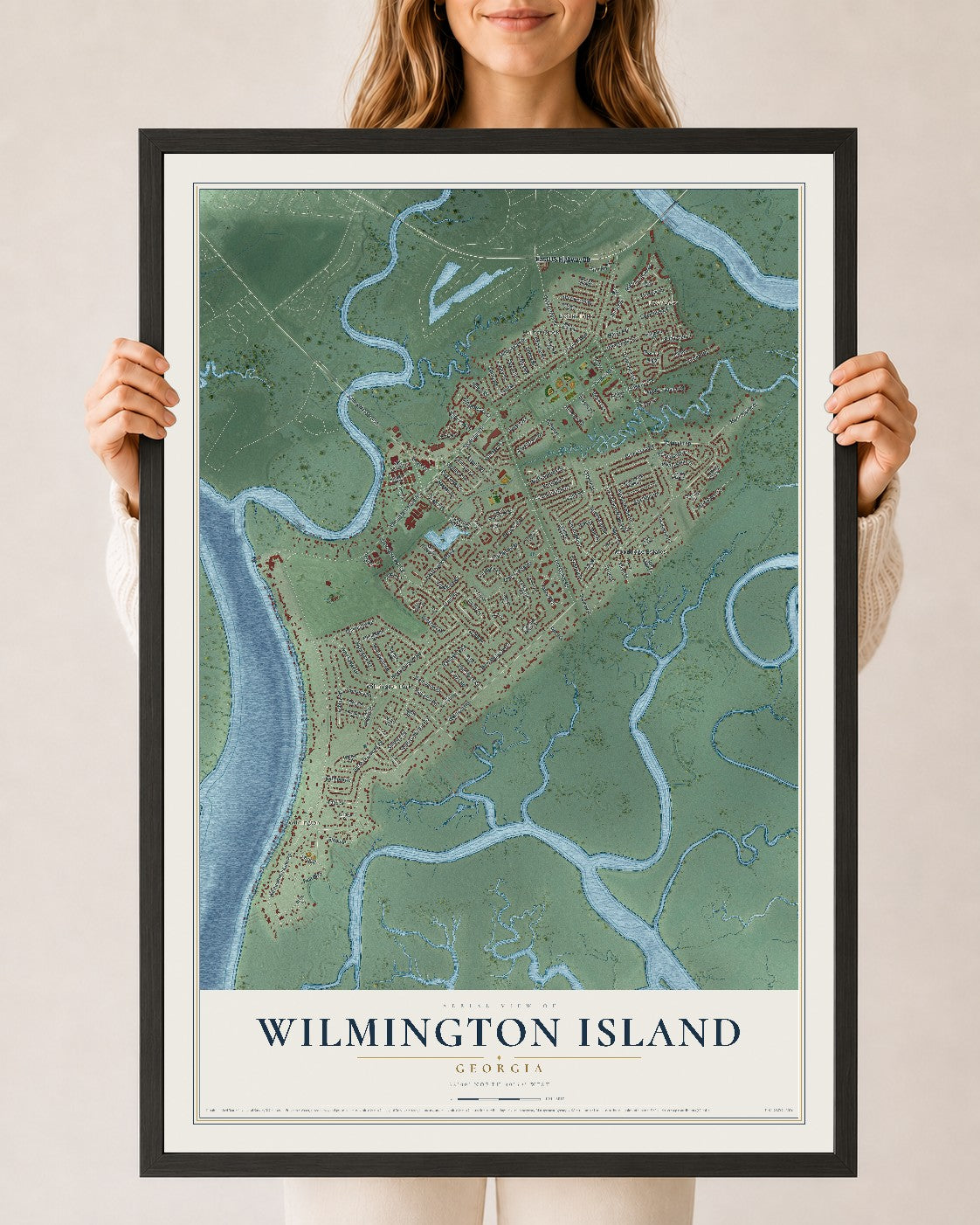 Wilmington Island, Georgia map print, 24" x 36" W/ Black Ayous Wood Frame mockup