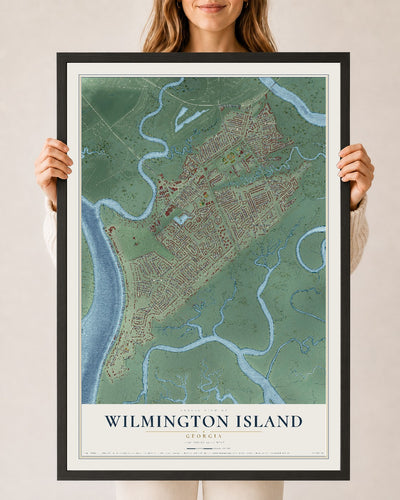 Wilmington Island, Georgia map print, 24" x 36" W/ Black Ayous Wood Frame mockup