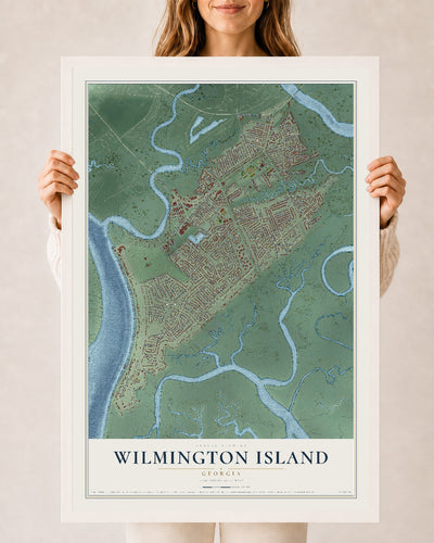 Wilmington Island, Georgia map print, 24" x 36" W/ White Ayous Wood Frame mockup