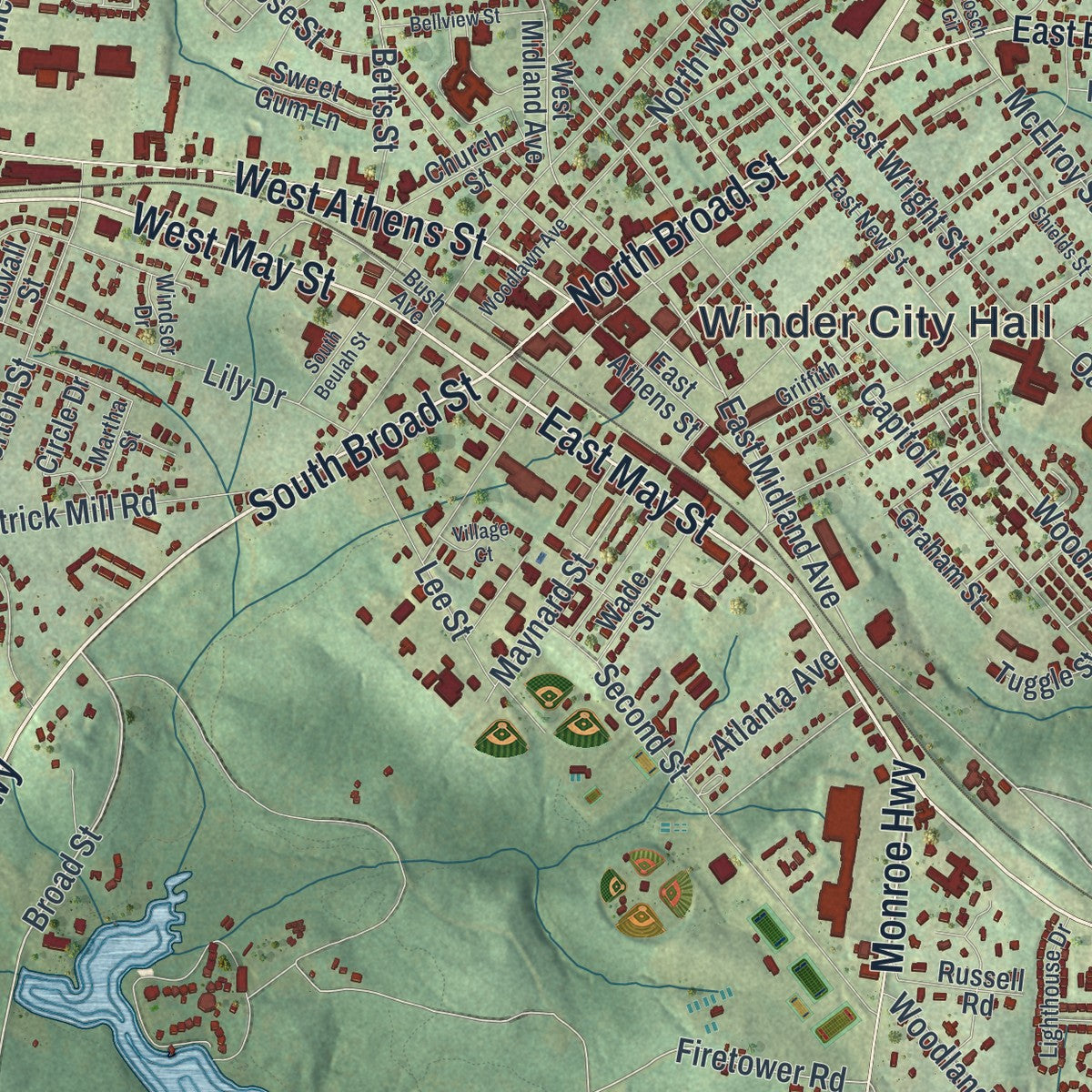 Close-up 1 of the Winder, Georgia map artwork