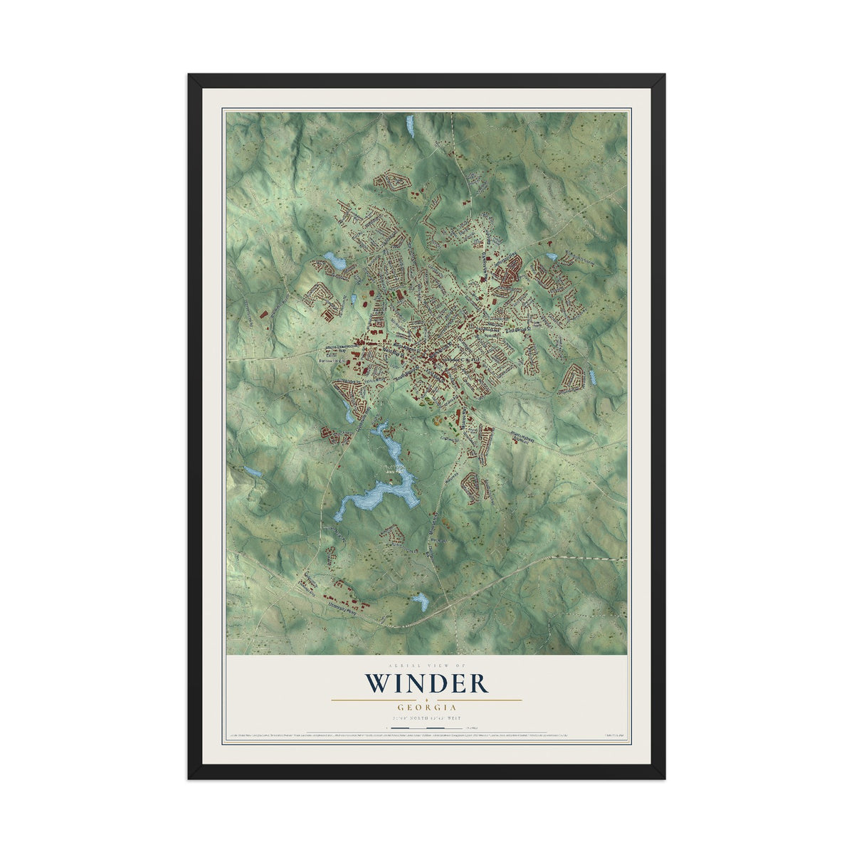 Winder, Georgia map print, 12" x 18" W/ Black Ayous Wood Frame mockup