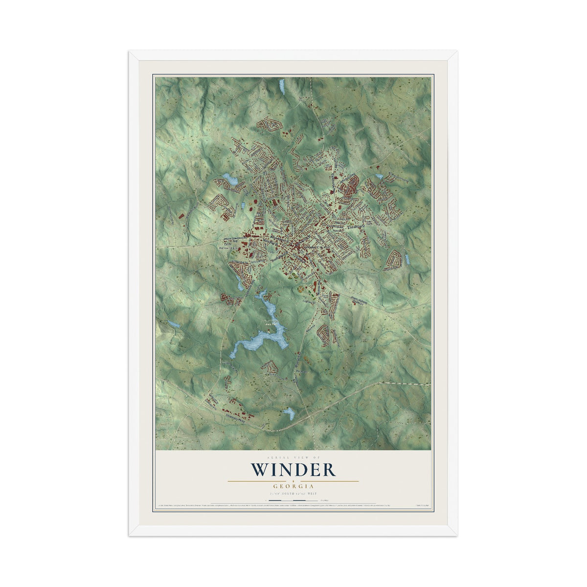 Winder, Georgia map print, 12" x 18" W/ White Ayous Wood Frame mockup