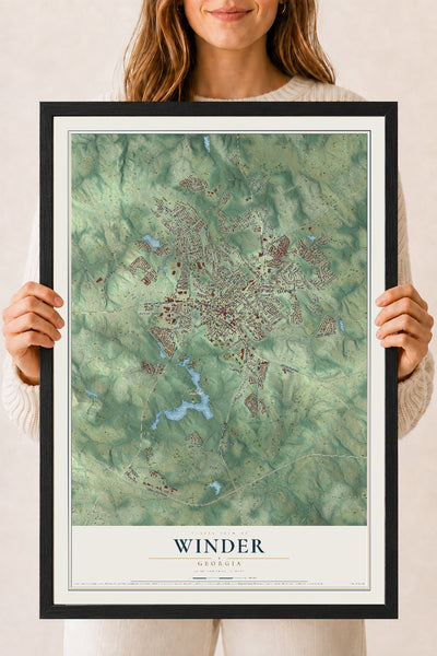 Winder, Georgia map print, 18" x 24" W/ Black Ayous Wood Frame mockup