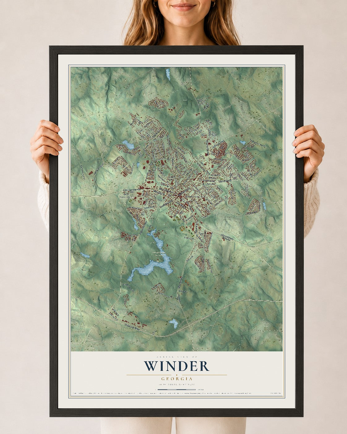 Winder, Georgia map print, 24" x 36" W/ Black Ayous Wood Frame mockup