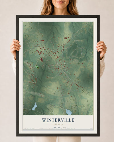 Winterville, Georgia map print, 24" x 36" W/ Black Ayous Wood Frame mockup