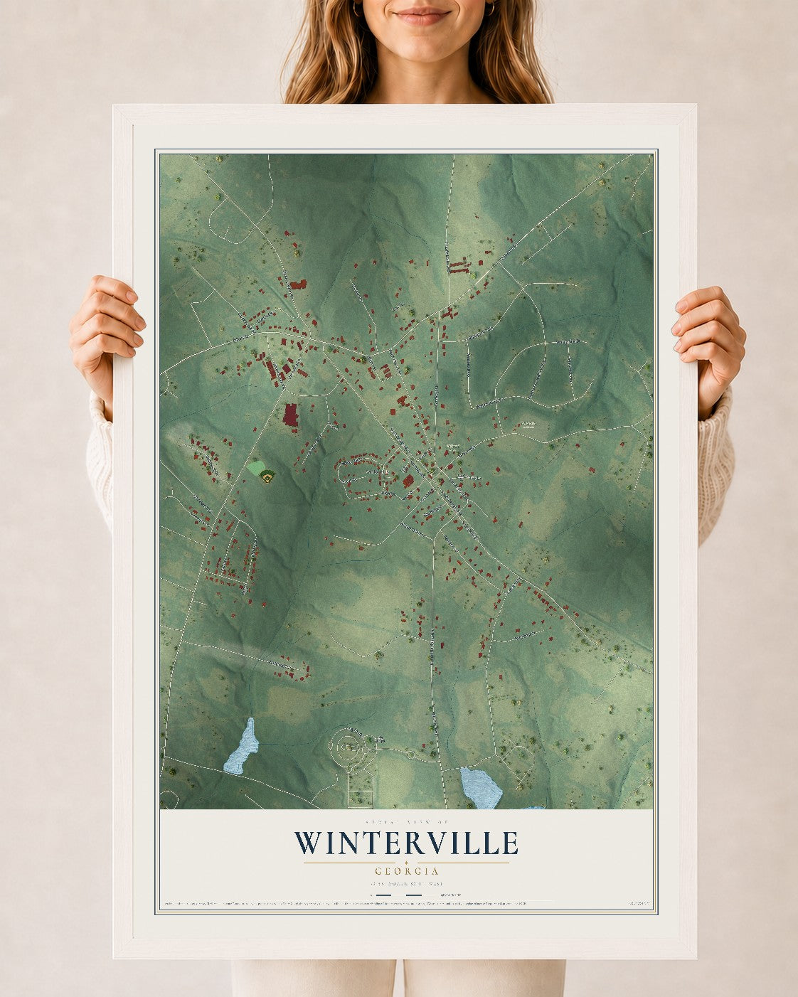 Winterville, Georgia map print, 24" x 36" W/ White Ayous Wood Frame mockup