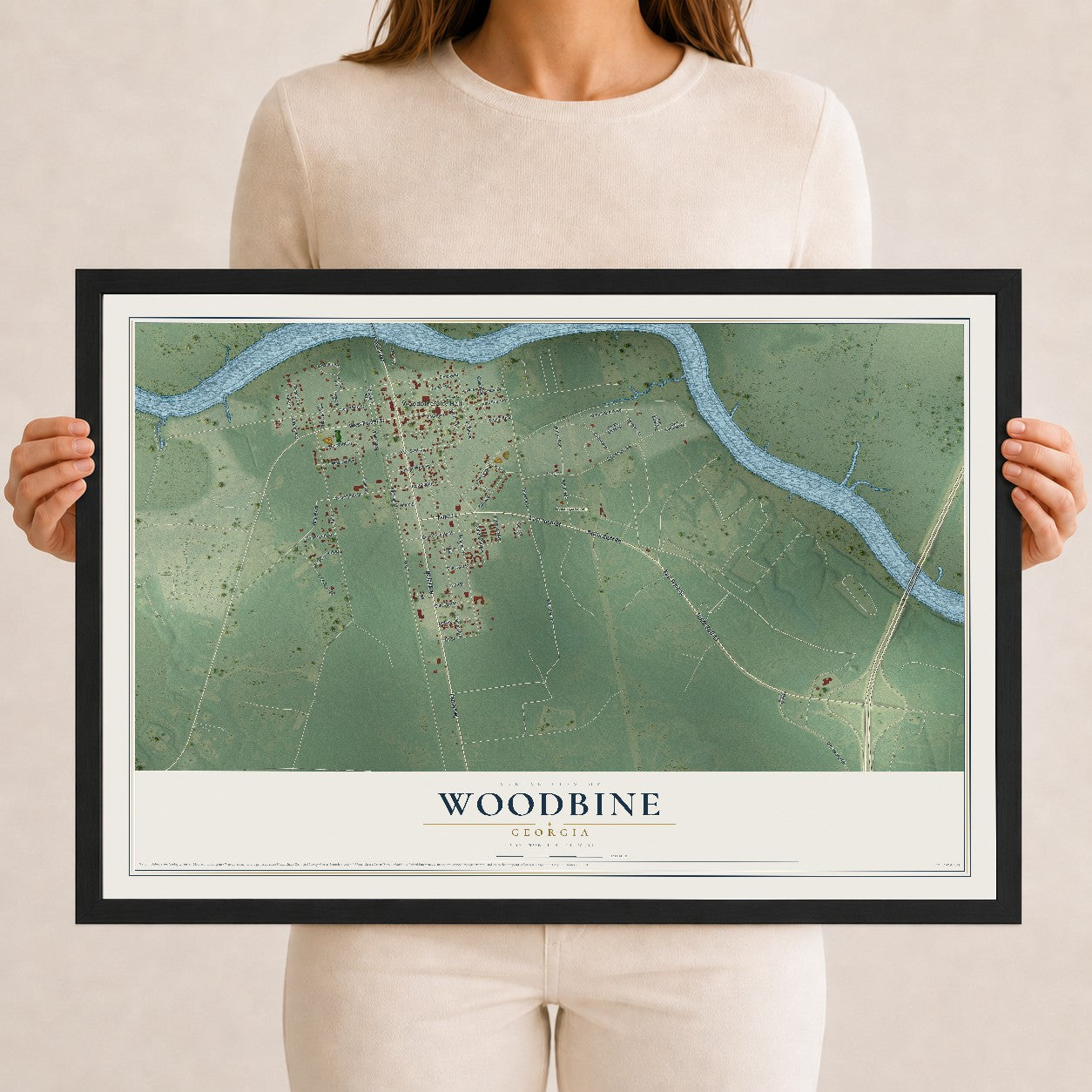 Woodbine, Georgia map print, 12" x 18" W/ Black Ayous Wood Frame mockup