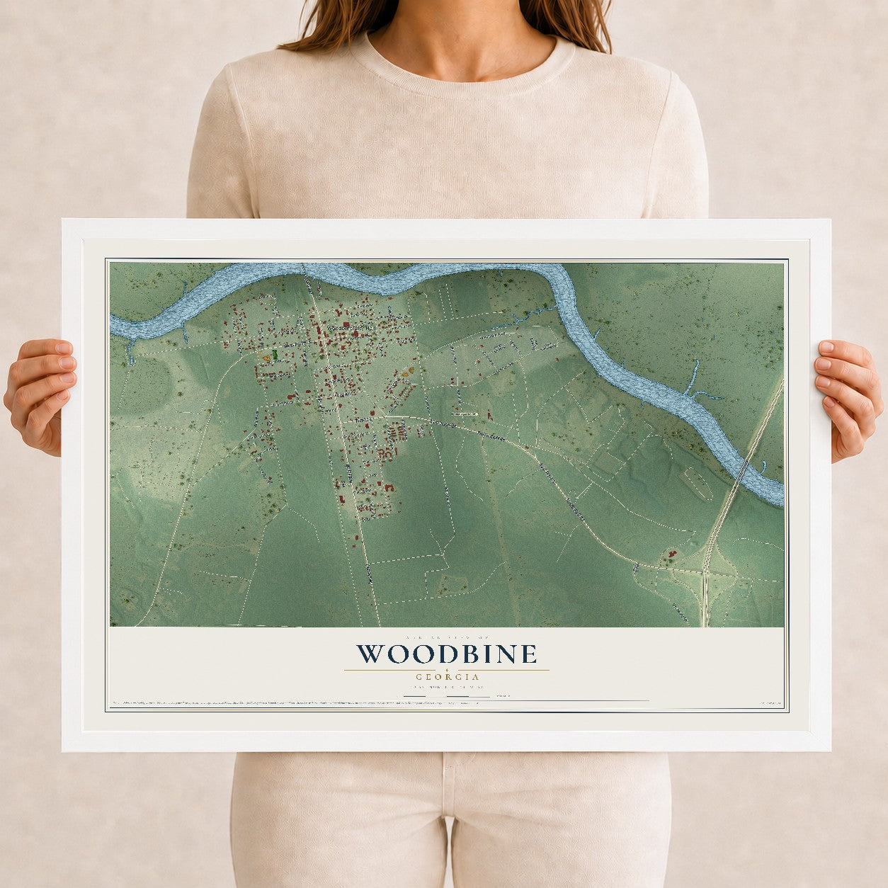 Woodbine, Georgia map print, 12" x 18" W/ White Ayous Wood Frame mockup