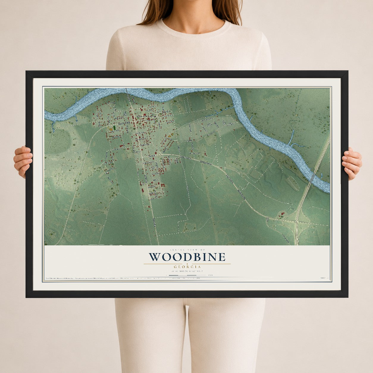 Woodbine, Georgia map print, 24" x 36" W/ Black Ayous Wood Frame mockup