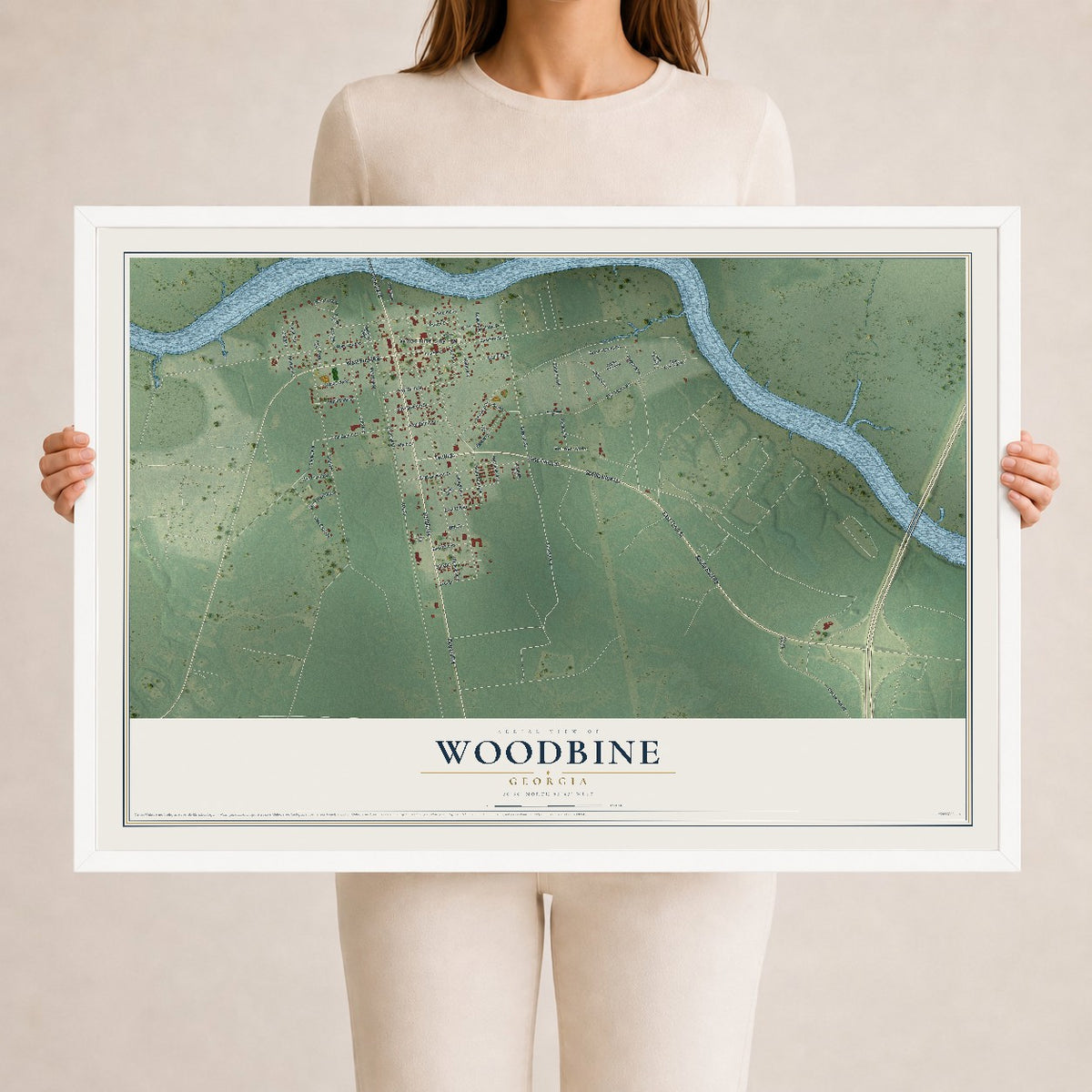 Woodbine, Georgia map print, 24" x 36" W/ White Ayous Wood Frame mockup