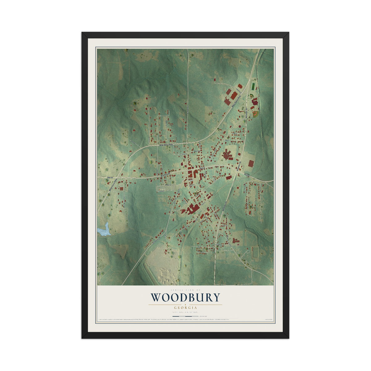 Woodbury, Georgia map print, 12" x 18" W/ Black Ayous Wood Frame mockup