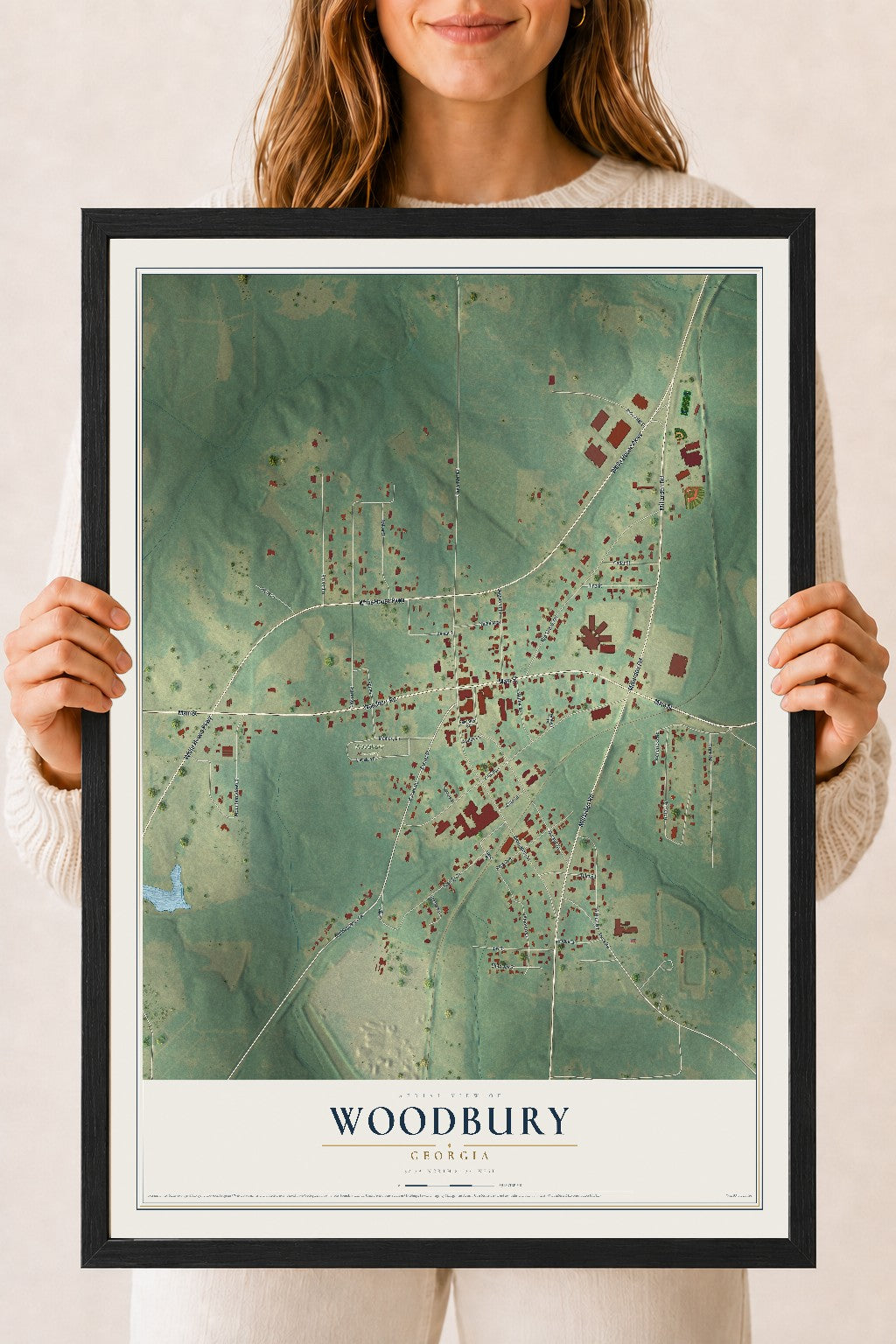 Woodbury, Georgia map print, 18" x 24" W/ Black Ayous Wood Frame mockup