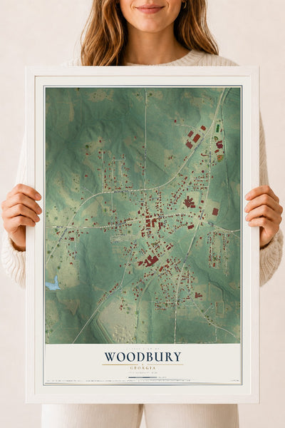 Woodbury, Georgia map print, 18" x 24" W/ White Ayous Wood Frame mockup