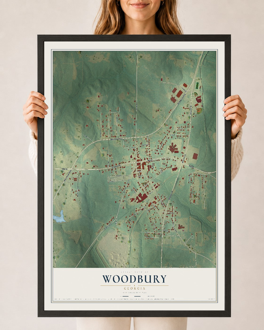 Woodbury, Georgia map print, 24" x 36" W/ Black Ayous Wood Frame mockup
