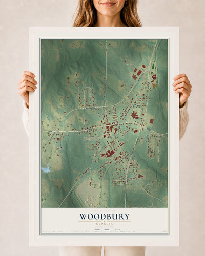 Woodbury, Georgia map print, 24" x 36" W/ White Ayous Wood Frame mockup