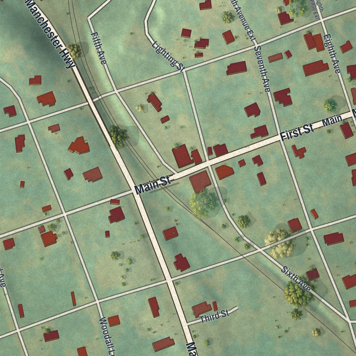 Close-up 1 of the Woodland, Georgia map artwork